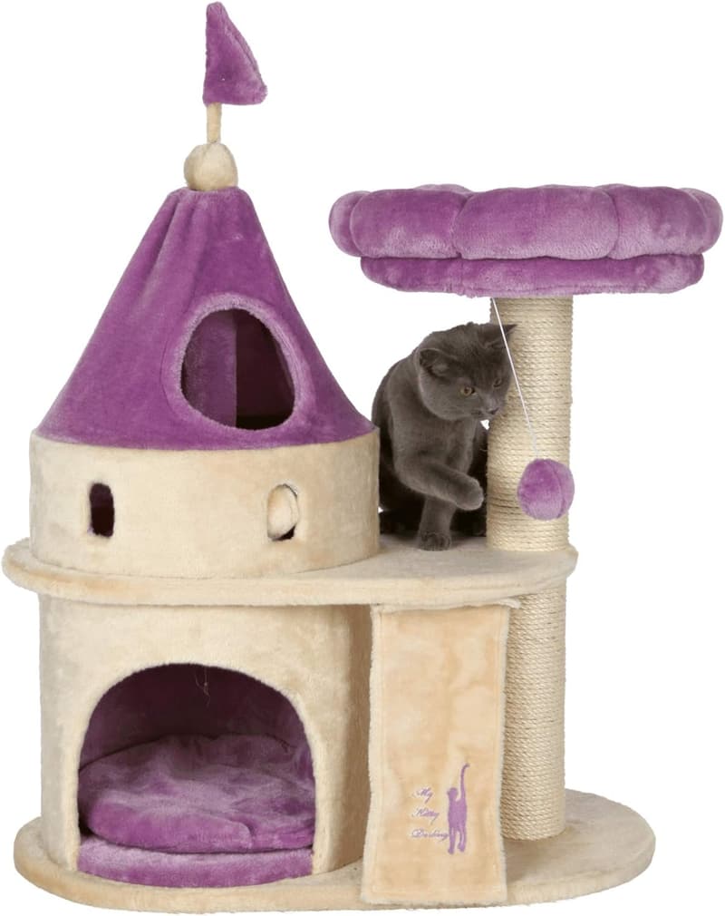 Cat Tree Condo with Scratching Post & Pom Pom Toy - Beige
