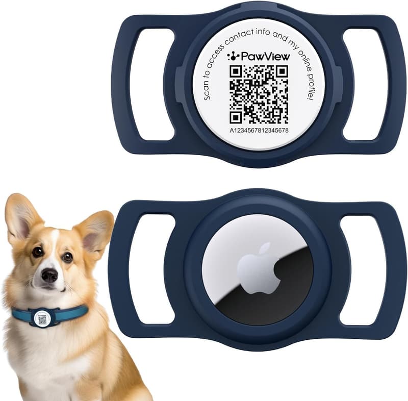 AirTag Dog Collar Holder with QR Code - Navy Blue