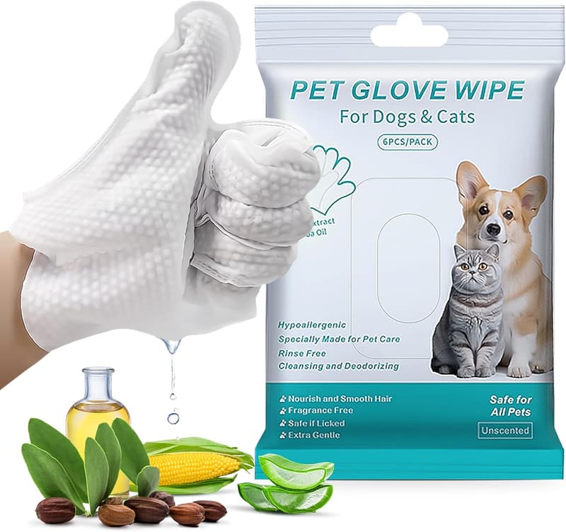 Pet Glove Wipes for Dogs & Cats - Extra Thick, Unscented, 6pcs