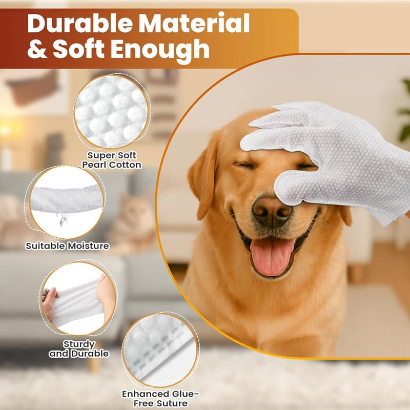 Pet Glove Wipes for Dogs & Cats - Extra Thick, Unscented, 6pcs