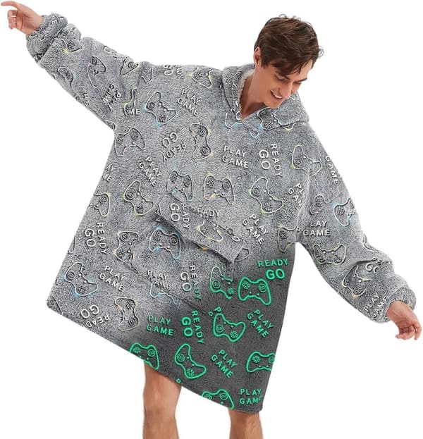 Glow-in-the-Dark Gamer Hoodie Blanket for Adults, Fleece