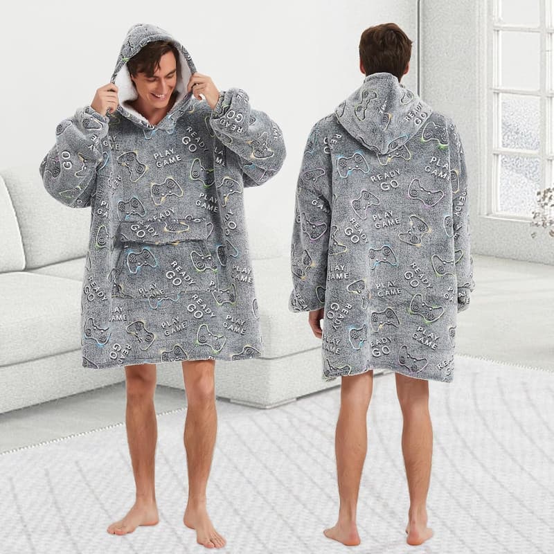 Glow-in-the-Dark Gamer Hoodie Blanket for Adults, Fleece