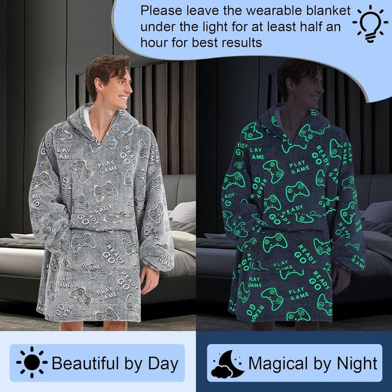 Glow-in-the-Dark Gamer Hoodie Blanket for Adults, Fleece