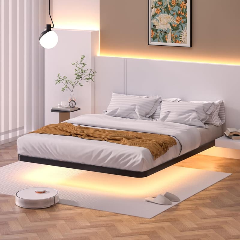 Queen Size Floating Bed Frame with LED Lights, Metal Design