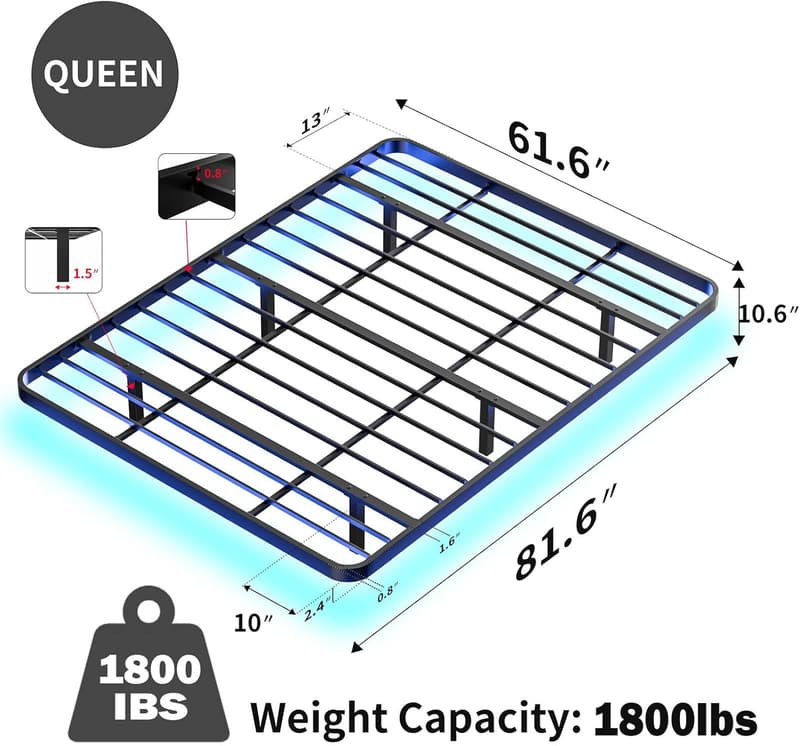 Queen Size Floating Bed Frame with LED Lights, Metal Design