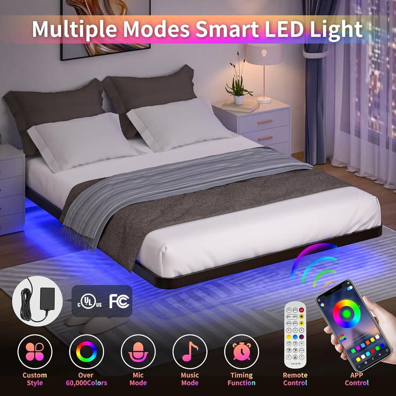 Queen Size Floating Bed Frame with LED Lights, Metal Design
