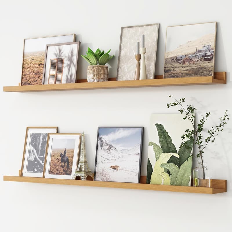 Natural Oak Floating Picture Ledge Shelves Set of 2, 48