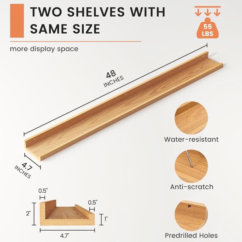 Natural Oak Floating Picture Ledge Shelves Set of 2, 48
