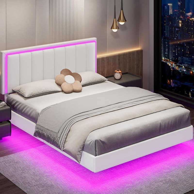 Upholstered Queen Bed Frame with LED Light & Solid Wood Support