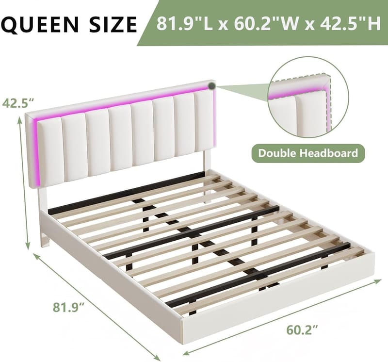Upholstered Queen Bed Frame with LED Light & Solid Wood Support
