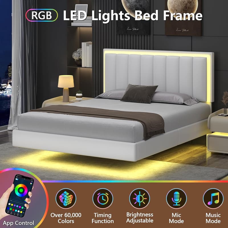 Upholstered Queen Bed Frame with LED Light & Solid Wood Support