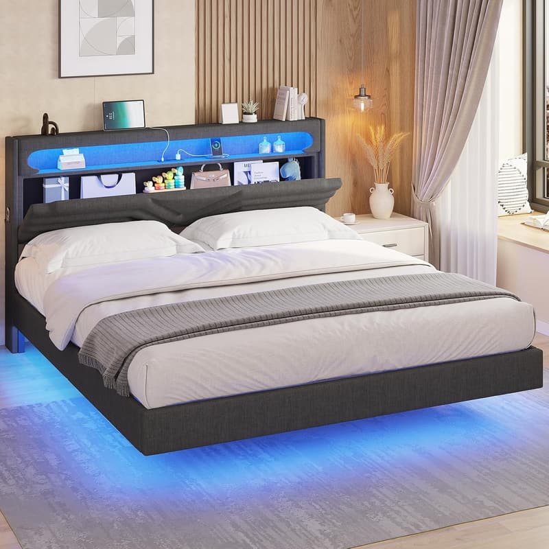 Full Size Upholstered Bed Frame with LED Headboard & Storage