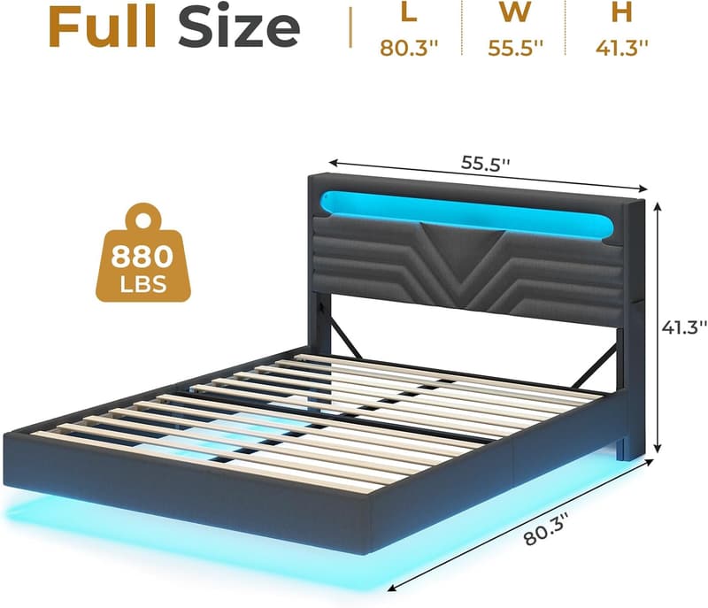 Full Size Upholstered Bed Frame with LED Headboard & Storage