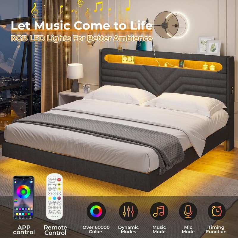 Full Size Upholstered Bed Frame with LED Headboard & Storage
