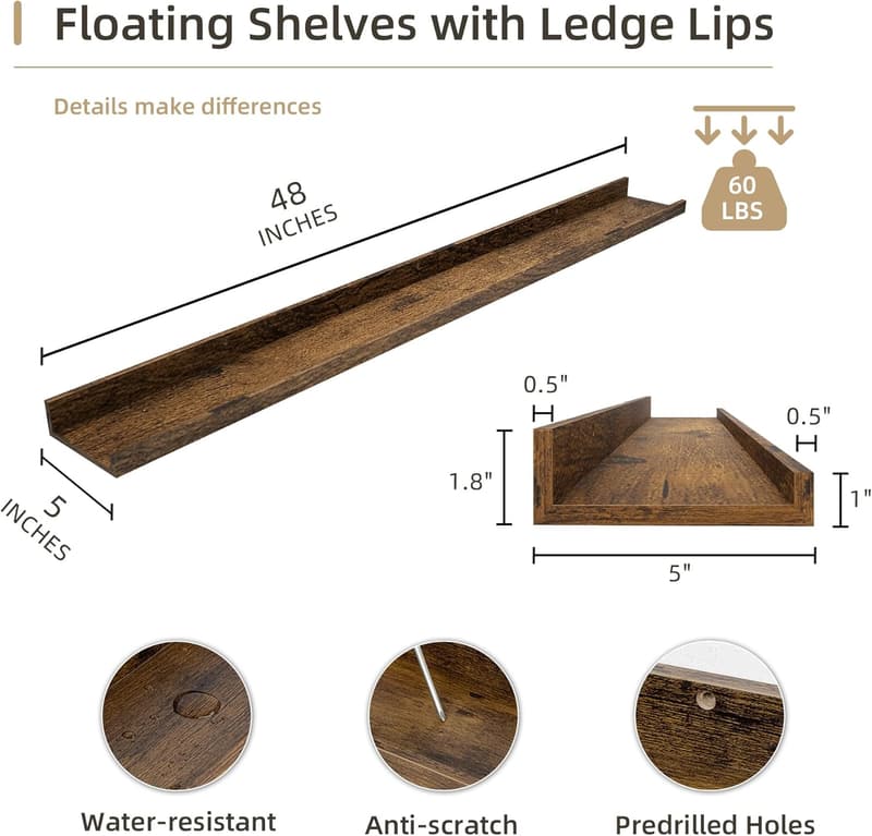 48-Inch Wooden Floating Picture Ledge Shelves - Set of 2