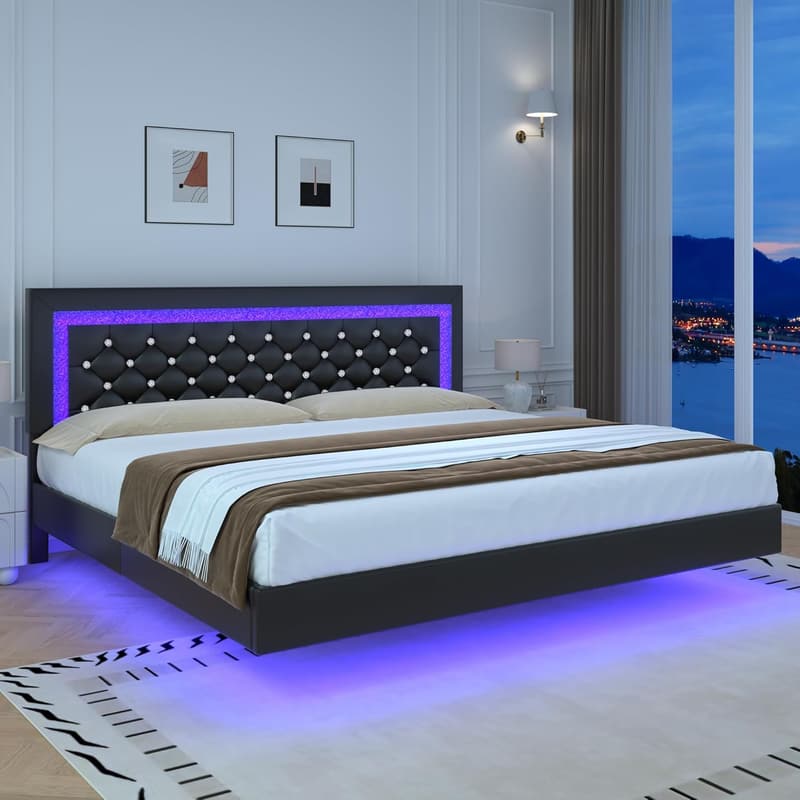 King Upholstered Bed Frame with LED Lights & Diamond Tufting