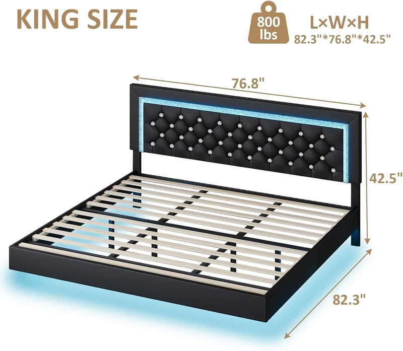 King Upholstered Bed Frame with LED Lights & Diamond Tufting