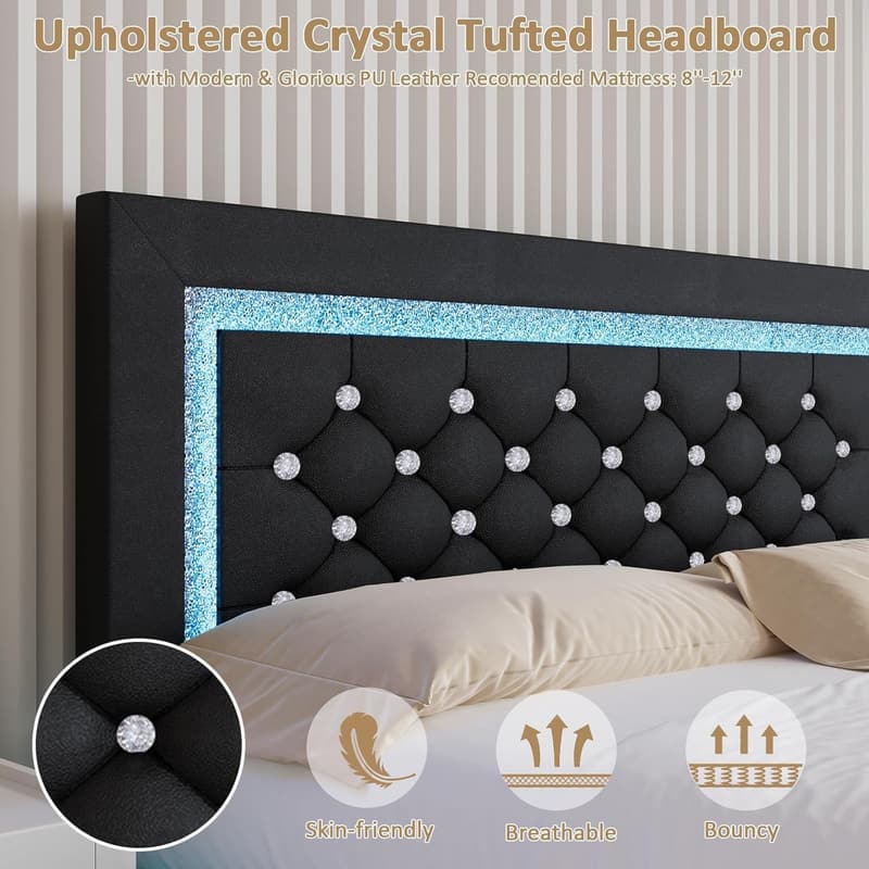 King Upholstered Bed Frame with LED Lights & Diamond Tufting