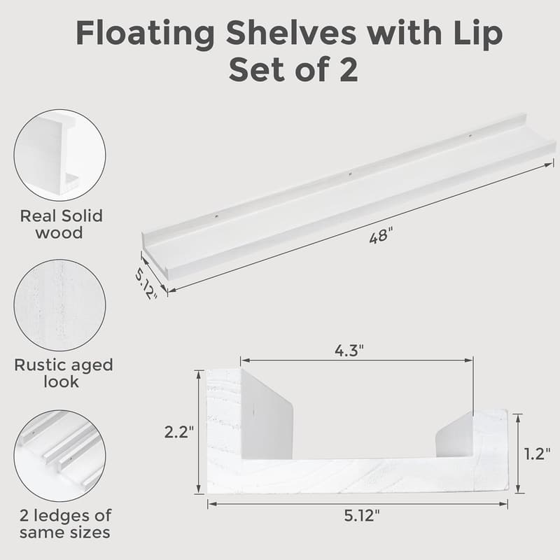 White Solid Wood Floating Shelves, 48 Inch Set of 2