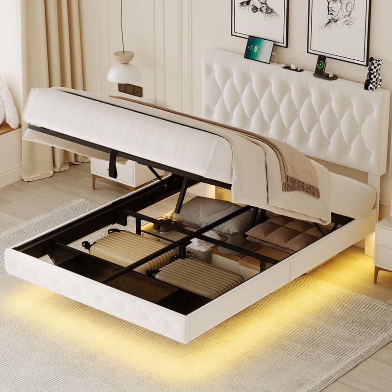 Queen Size Velvet Upholstered Floating Bed Frame with LED Lights