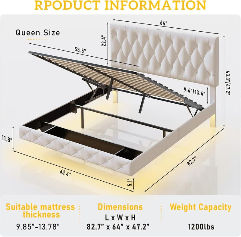 Queen Size Velvet Upholstered Floating Bed Frame with LED Lights