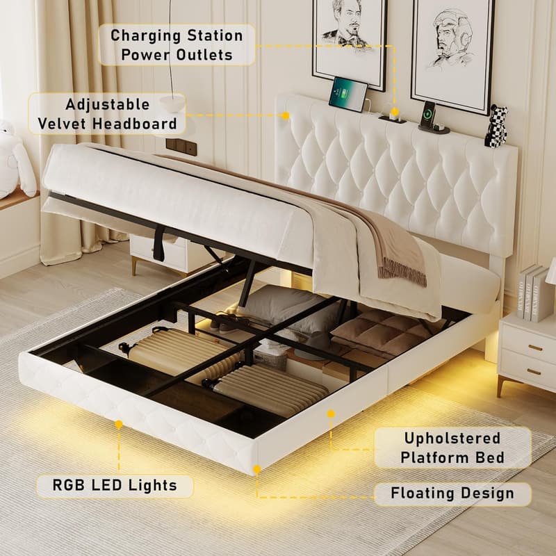 Queen Size Velvet Upholstered Floating Bed Frame with LED Lights