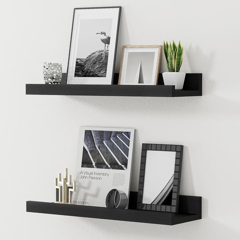 16-Inch Solid Wood Floating Shelves - Set of 2, Black