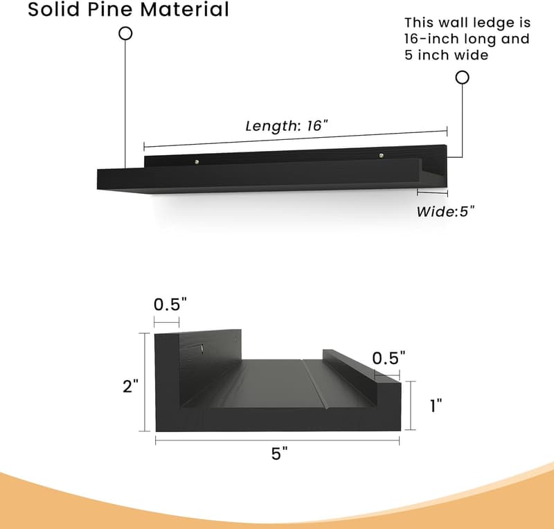 16-Inch Solid Wood Floating Shelves - Set of 2, Black