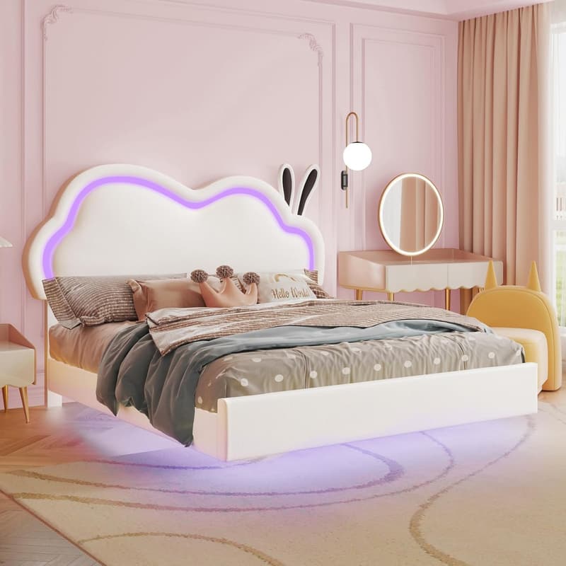 Girls' LED Upholstered Twin Bed Frame with Cloud Headboard