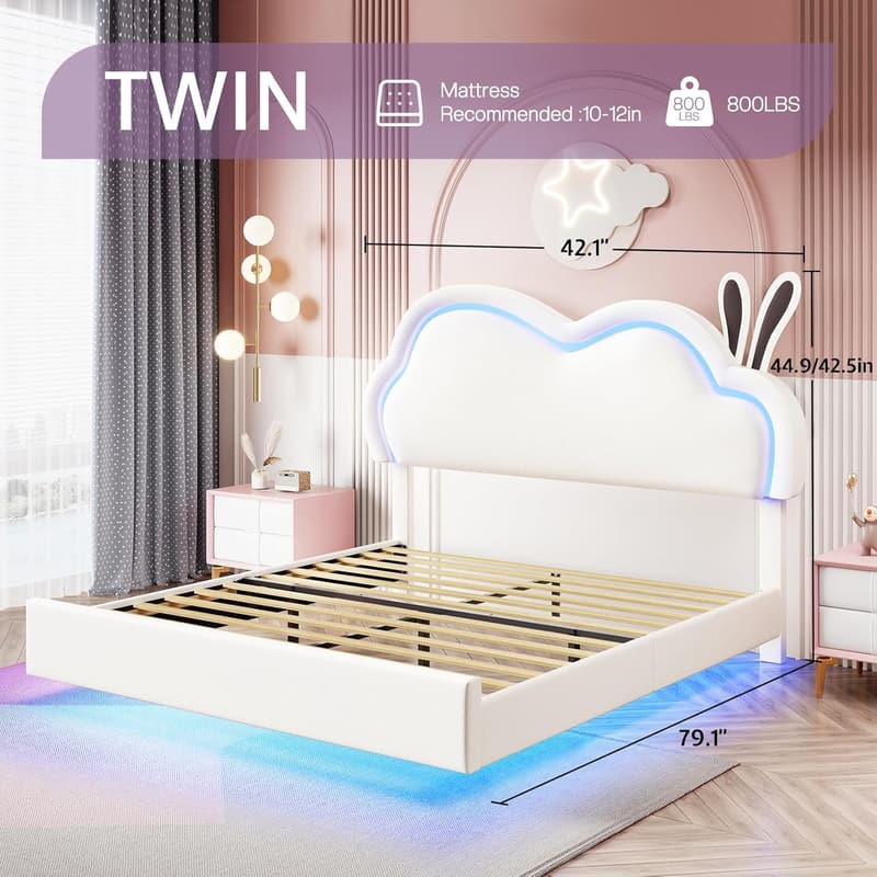 Girls' LED Upholstered Twin Bed Frame with Cloud Headboard