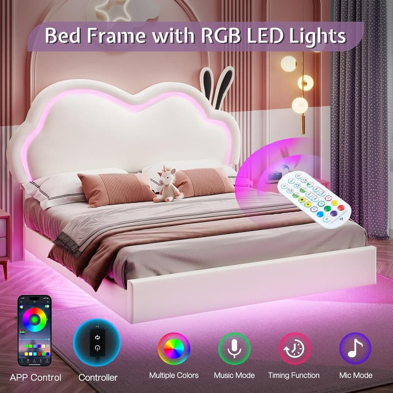 Girls' LED Upholstered Twin Bed Frame with Cloud Headboard