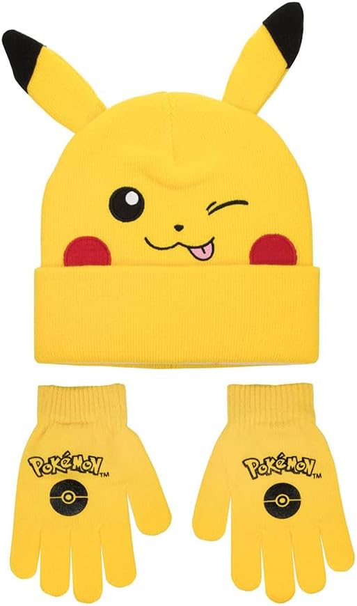 Pikachu Cuff Hat and Gloves Set with 3D Ears