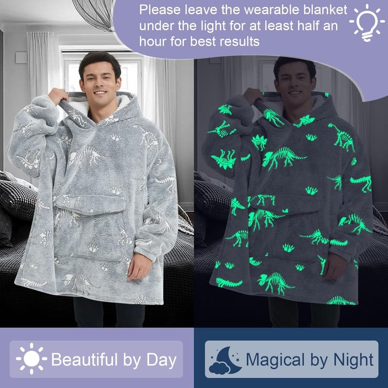 Glow in the Dark Dinosaur Fossil Oversized Blanket Hoodie for Adults