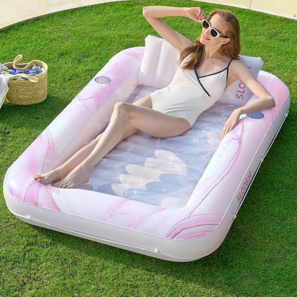 Inflatable Tanning Pool Lounger Float for Sunbathing, Pink Marble