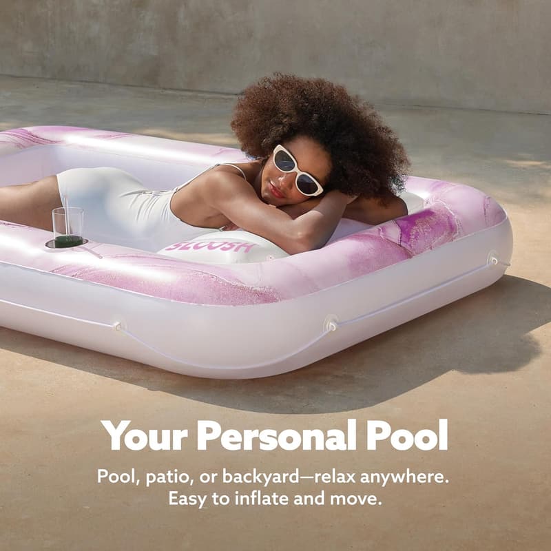 Inflatable Tanning Pool Lounger Float for Sunbathing, Pink Marble