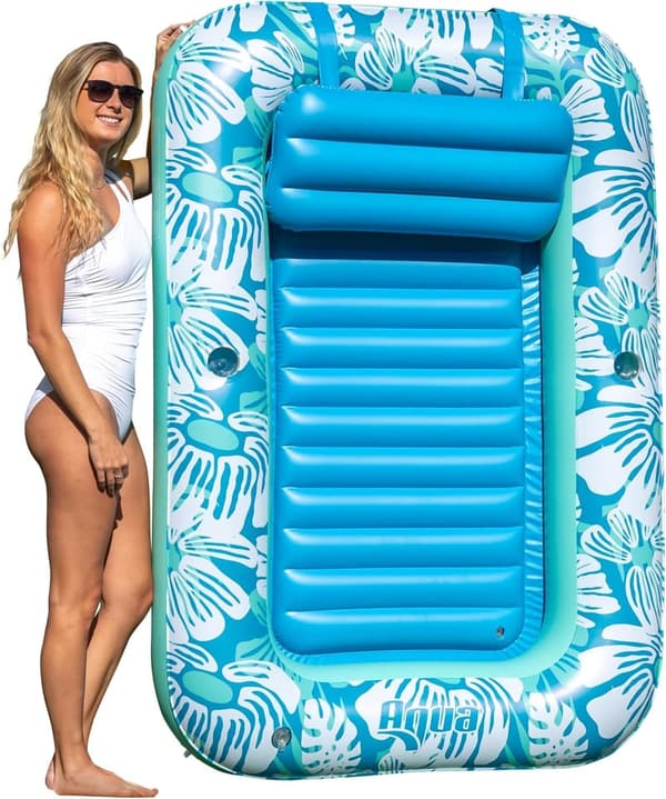Large Aqua Inflatable Tanning Pool Lounger with Cupholders