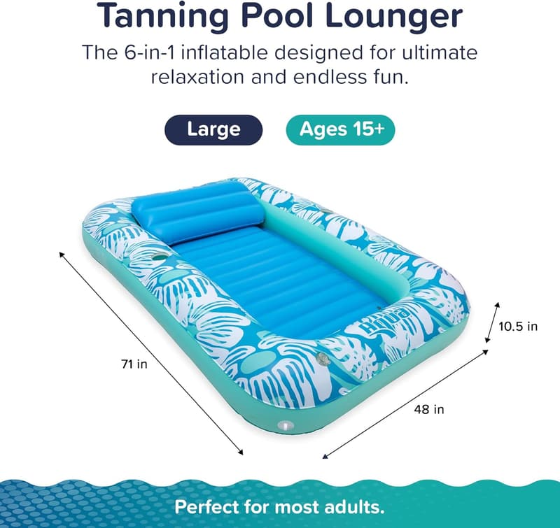 Large Aqua Inflatable Tanning Pool Lounger with Cupholders