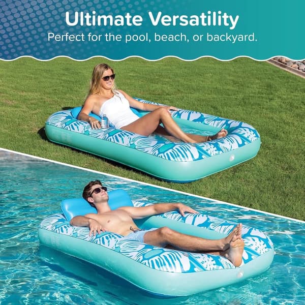Large Aqua Inflatable Tanning Pool Lounger with Cupholders