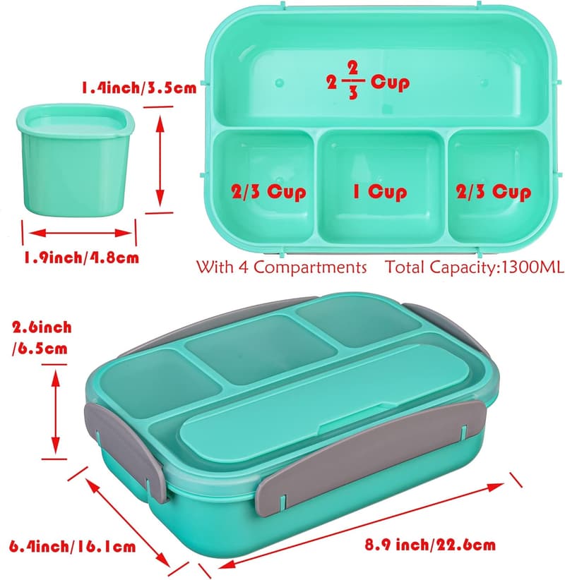 Bento Box with 4 Compartments - 1300ML, Microwave Safe
