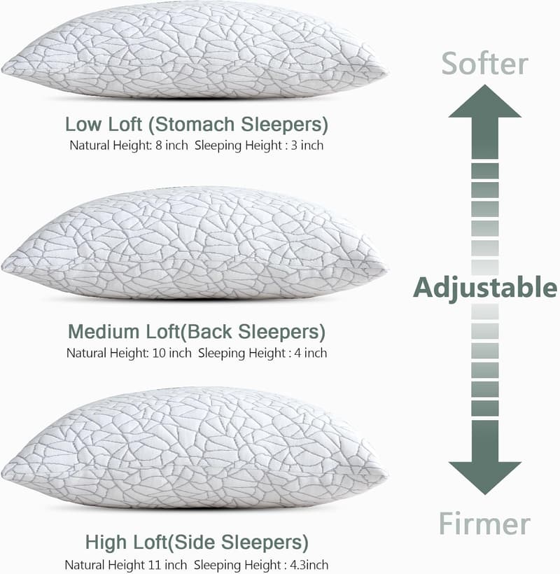 Queen Size Adjustable Memory Foam Pillows Set - Bamboo Rayon, 2-Pack