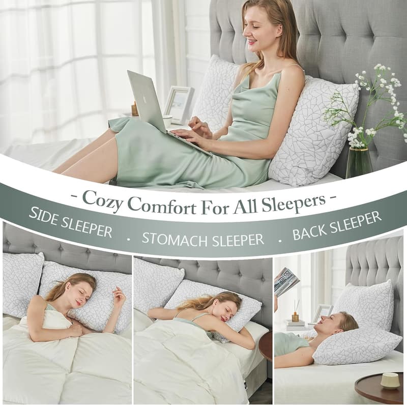 Queen Size Adjustable Memory Foam Pillows Set - Bamboo Rayon, 2-Pack