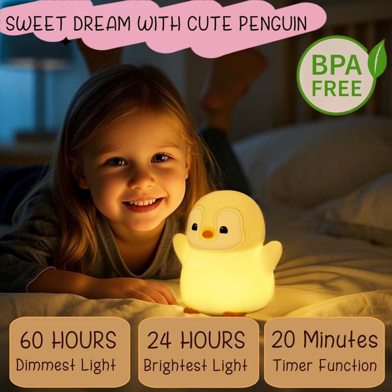 Dimmable LED Penguin Night Light - Rechargeable Silicone Lamp