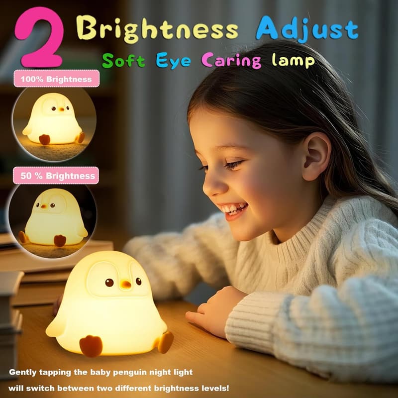 Cute Penguin LED Night Light - Dimmable Touch Lamp for Kids