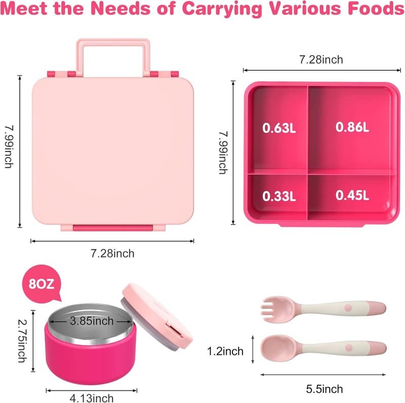 Pink Kids Leakproof Bento Lunch Box with 8oz Soup Thermo