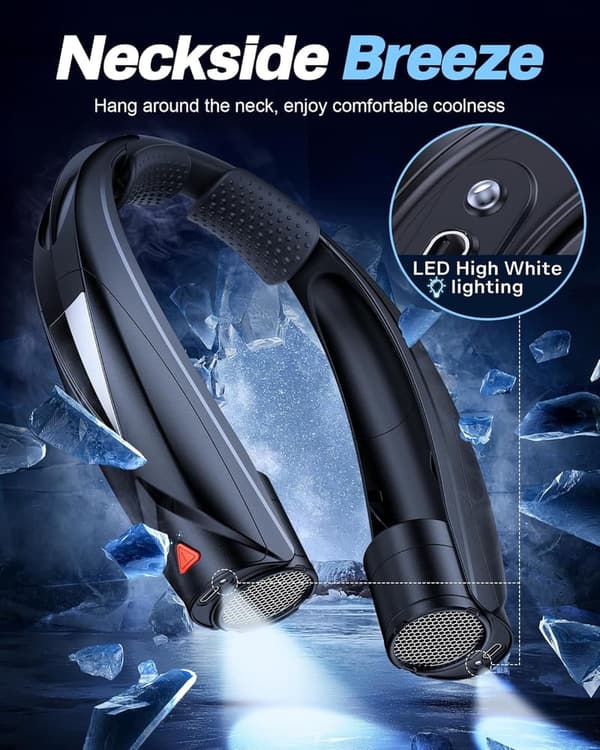 Hands-Free Portable Neck Fan with LED Light, USB-C Rechargeable