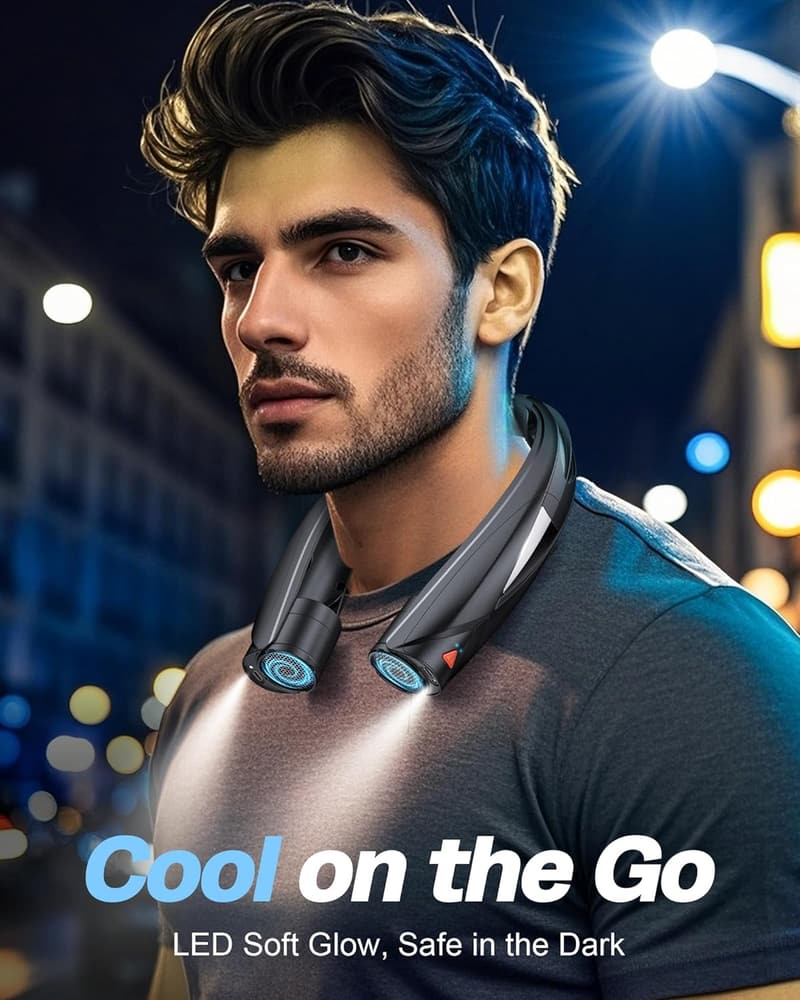 Hands-Free Portable Neck Fan with LED Light, USB-C Rechargeable