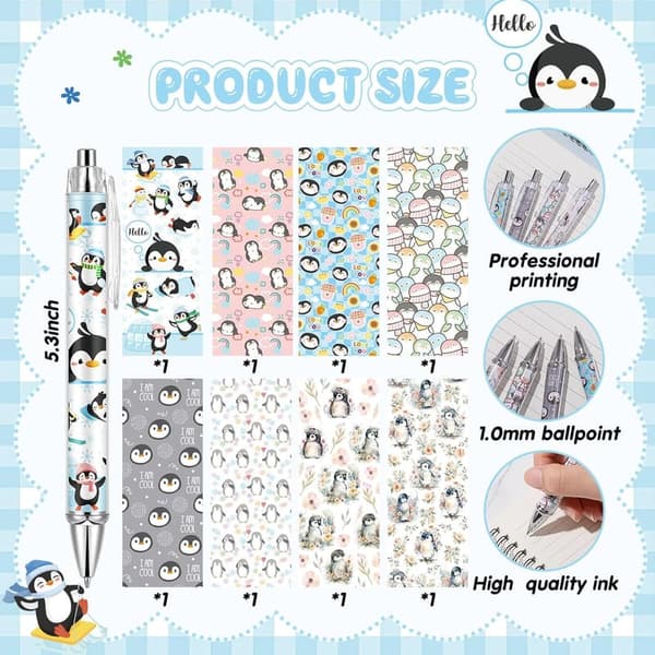 Cute Penguin Ballpoint Pens Set for Women - 8 Pcs, Fine Point