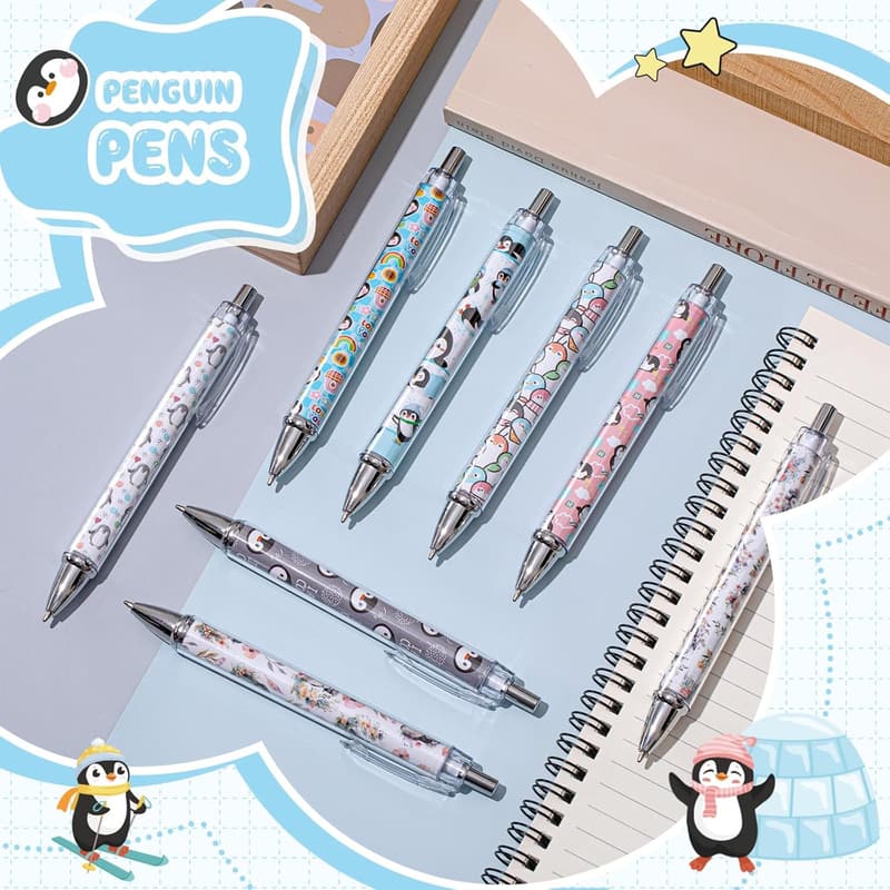 Cute Penguin Ballpoint Pens Set for Women - 8 Pcs, Fine Point