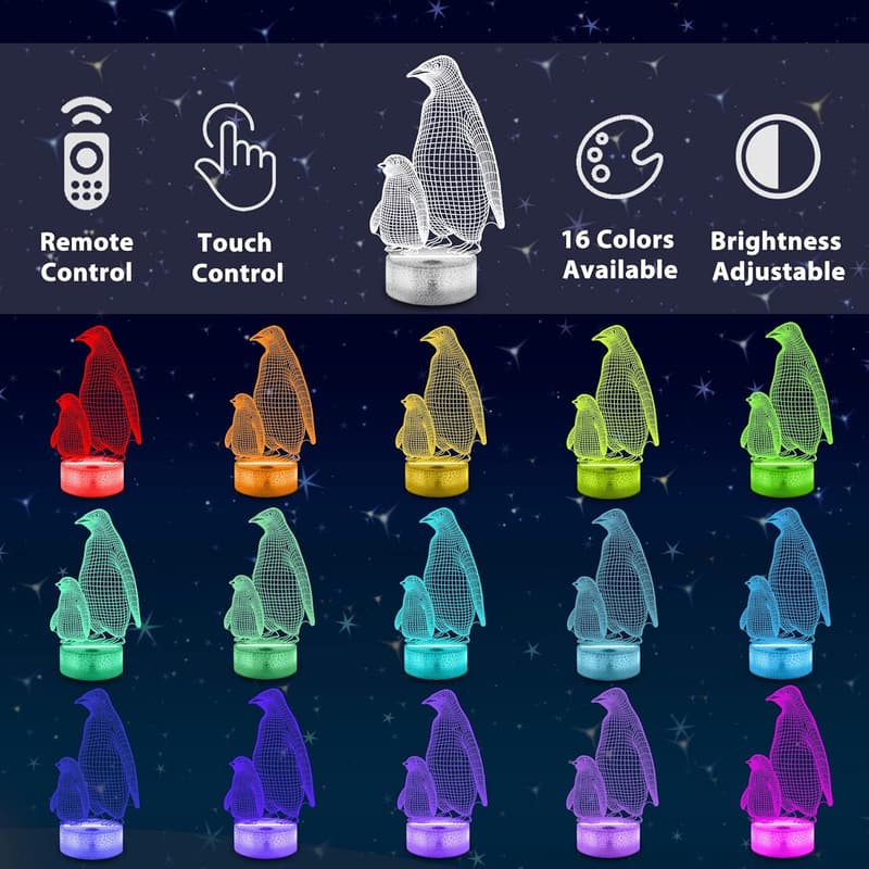3D Penguin Night Light for Kids - 16 Color Changing, Remote Control