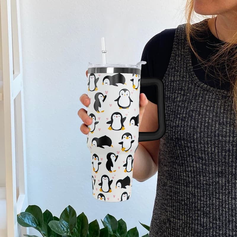Penguin Travel Mug with Handle - 40 Oz Coffee Tumbler for Women